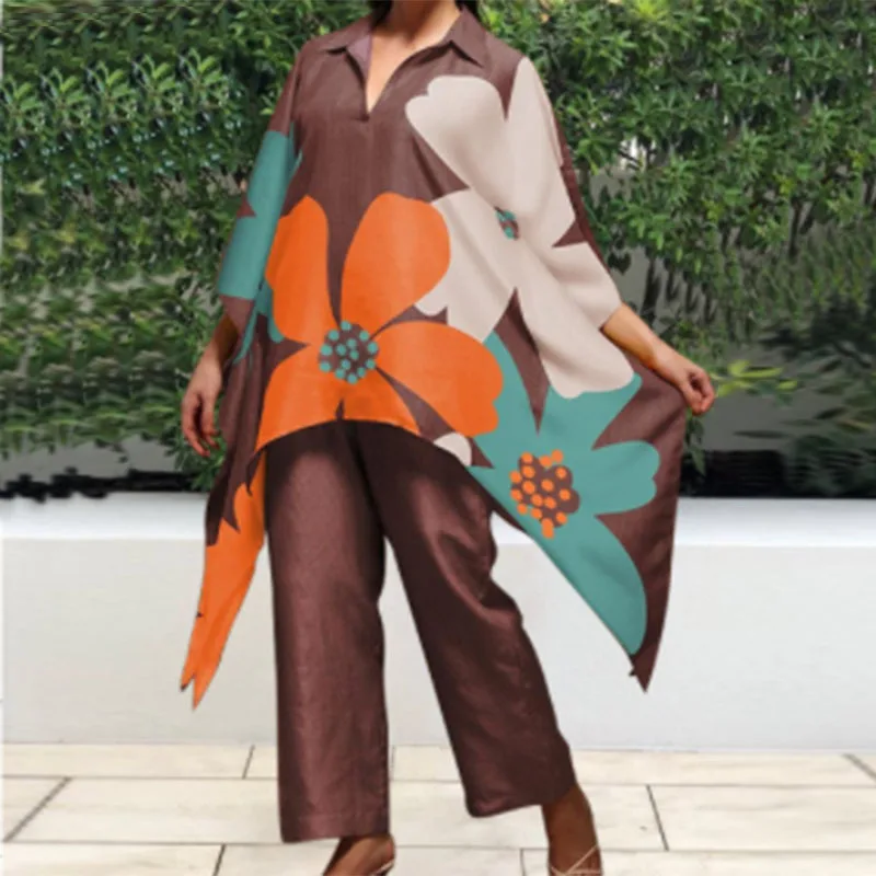 

Пуловер, рубашка с нерегулярным принтом, брюки, комплект из двух предметов, модная уличная женская одежда 2025, новинка весны и осени