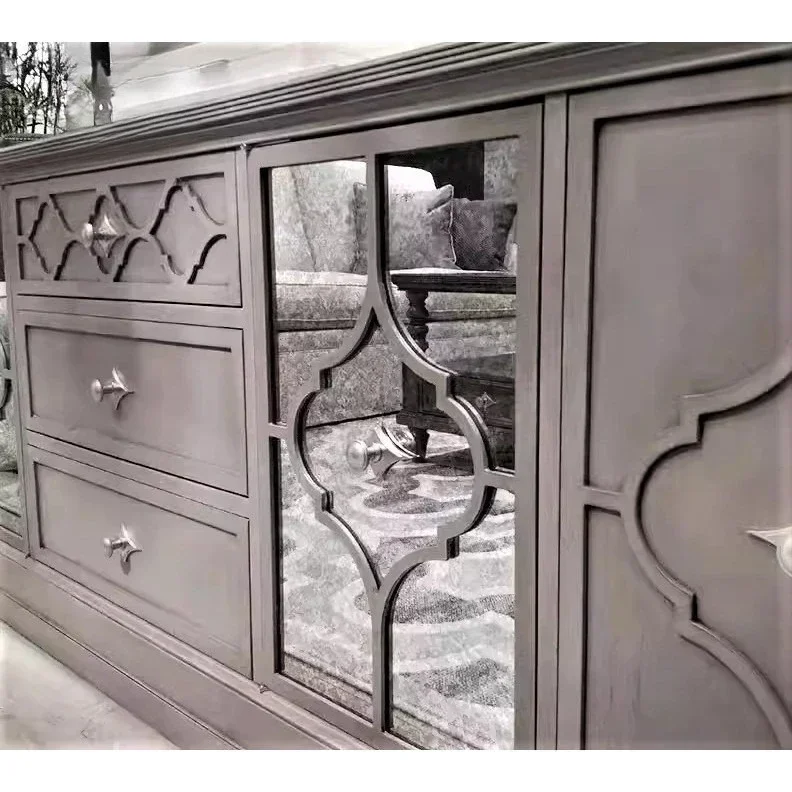 North American light luxury solid wood TV cabinet, high-grade gray antique mirror European-style old-fashioned living room