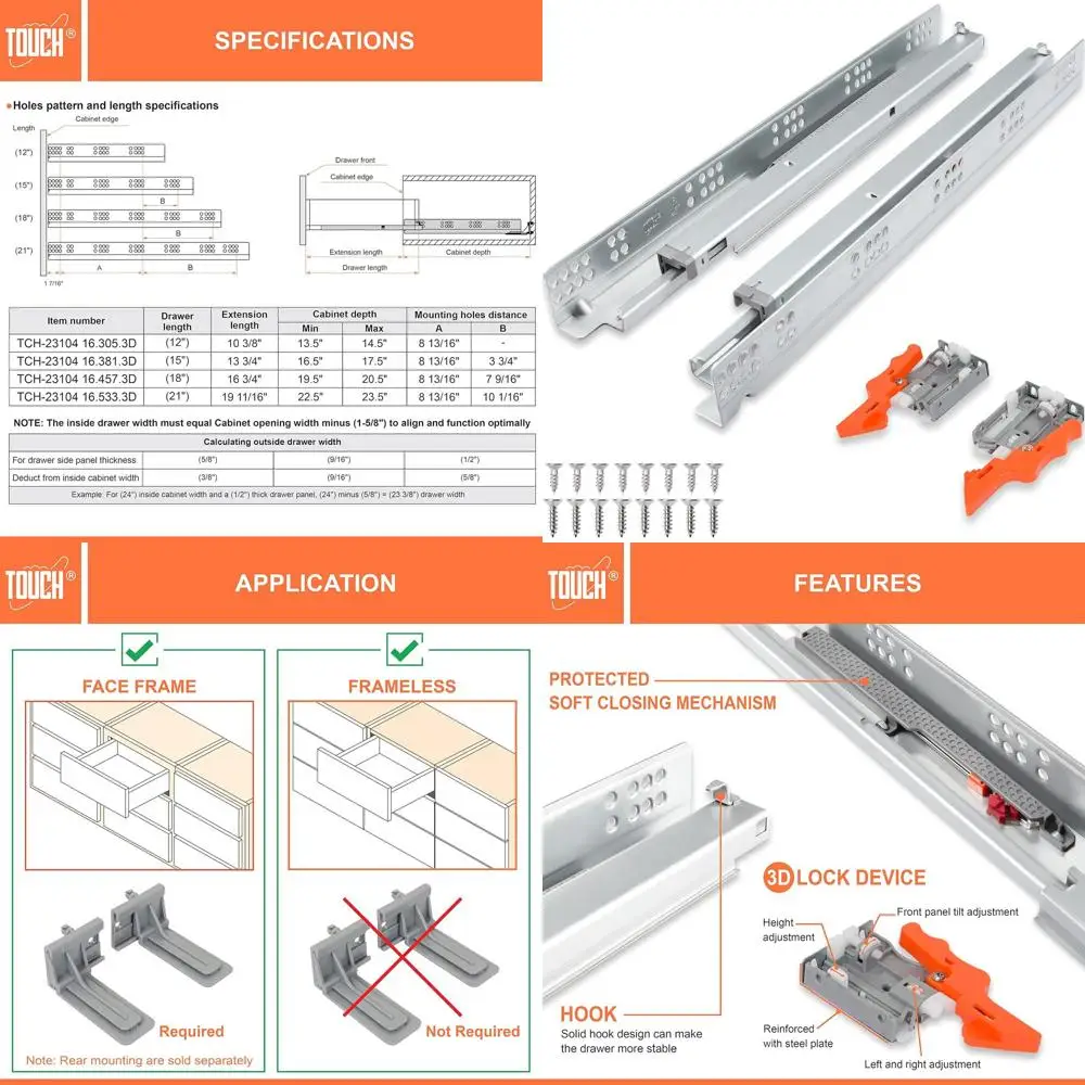 

18 Inch Undermount Slides with Self-Close, Concealed Track, 75 LB Capacity, Adjustable Lock for Kitchen Cabinets