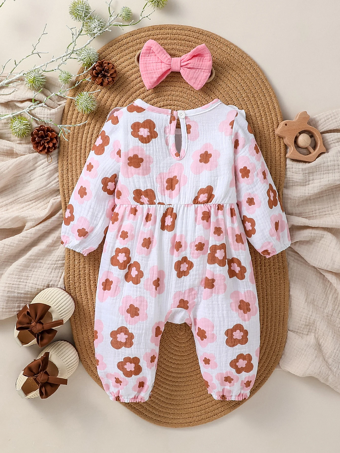 2024 New Style Baby Girls Spring/ Autumn Long Sleeve Print Flower With Bow O-18M Honey Dressy Jumpsuit +Headband