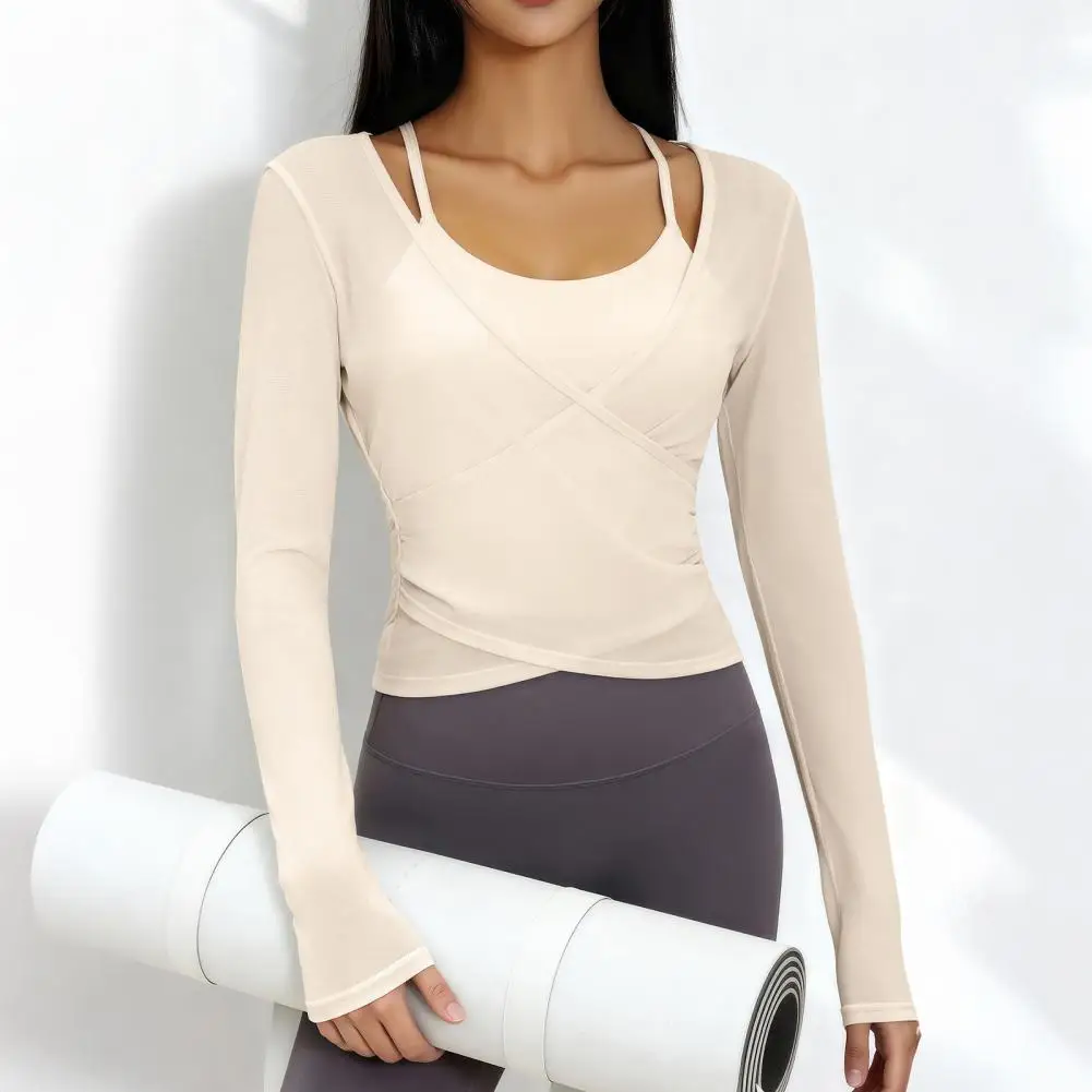 Gathering Sports Bra Mesh Outer Layer Top Long Sleeve Yoga Two-Piece Set Women Mesh Gym Athletic Tops Workout Inner Layer 80%