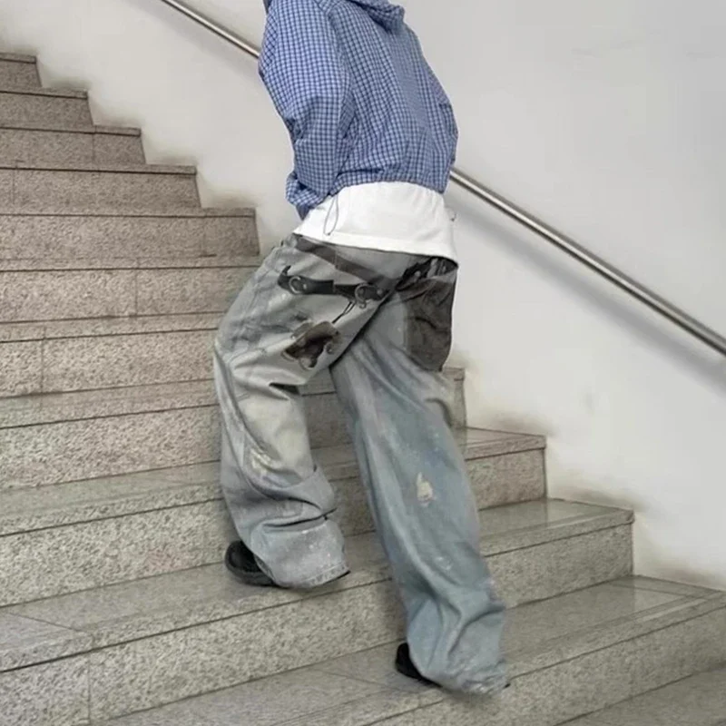 بنطال جينز Bagy مطبوع رقميًا على شكل قلب متعدد المفاتيح للرجال، بنطلون جينز فضفاض غير رسمي مغسول كبير الحجم