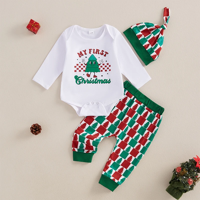 

Newborn Baby Boys Christmas Outfits Autumn Clothes Long Sleeve Letters Tree Printed Romper with Pants and Hat 3PCS Infants Sets