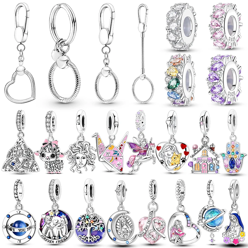 Porte-clés en argent sterling 925, pendentif cœur, breloque, perles compatibles avec bracelet original, bijoux DIY pour usage quotidien