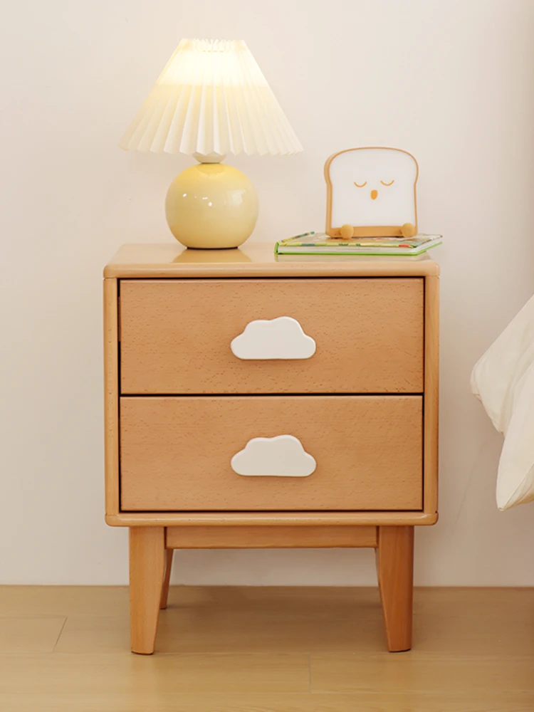 Xiao Qiao's wooden beech wood solid wood bedside cabinet in a minimalist Nordic room. Bedside cabinet, storage, drawer cabinet