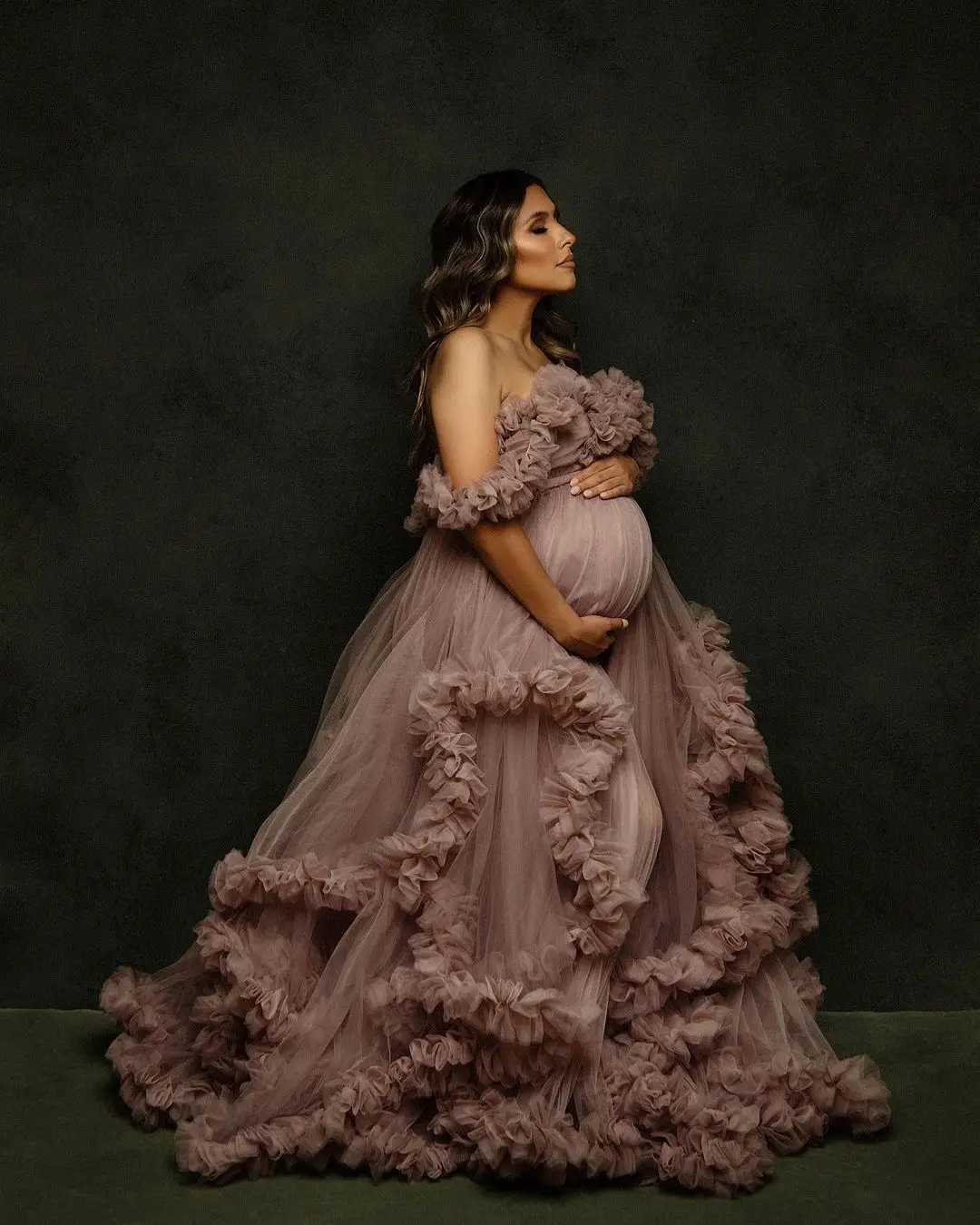 Abito premaman personalizzato in tulle rosa polvere con volant Abito per servizio fotografico mamma e figlia Corsetto Abiti per fotografia di gravidanza # 18724