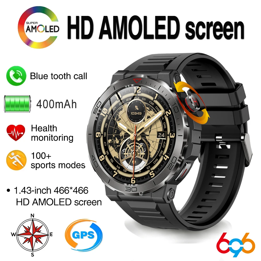 

Smart Watch Men Outdoor Sports 1.43" AMOLED Screen Compass Bracelet IP68 Waterproof Blue Tooth Call Health Monitoring Smartwatch