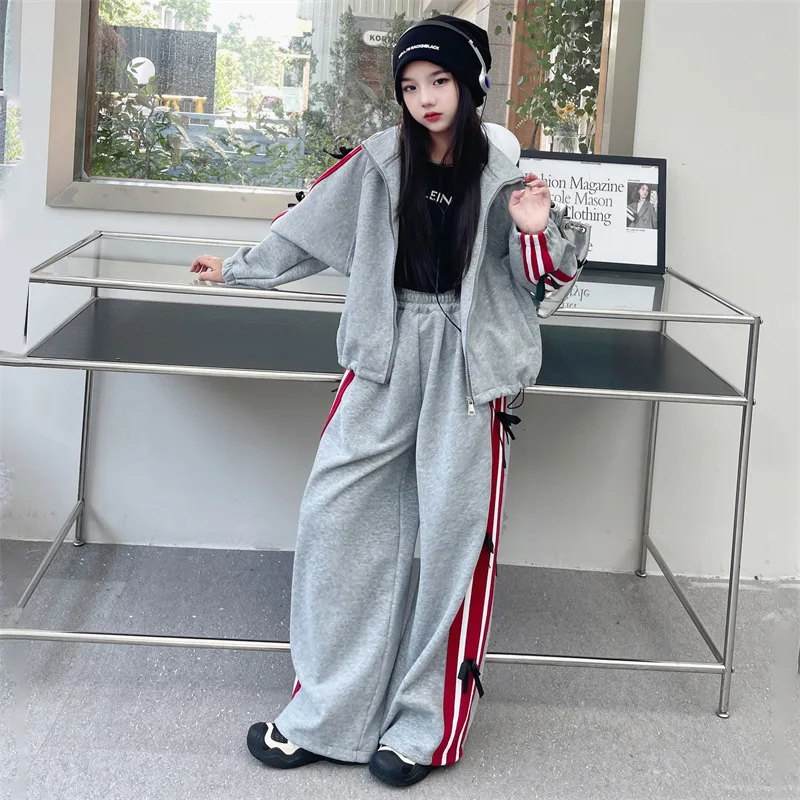 

Спортивный комплект для девочек 2025: весенний свитшот с бантом, широкие брюки, 2 предмета, школьная детская одежда для подростков, розовый, серый, повседневный детский костюм