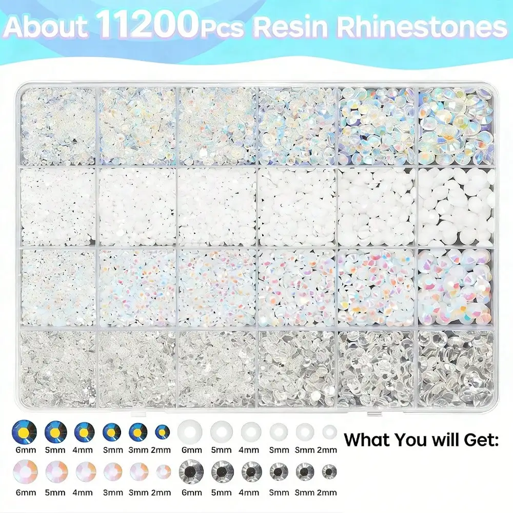 2-6mm White Jewels Resin Flatback Rhinestones Bedazzling Kit for Crafting, DIY Mugs Tumblers Clothing Shoes Nail Art