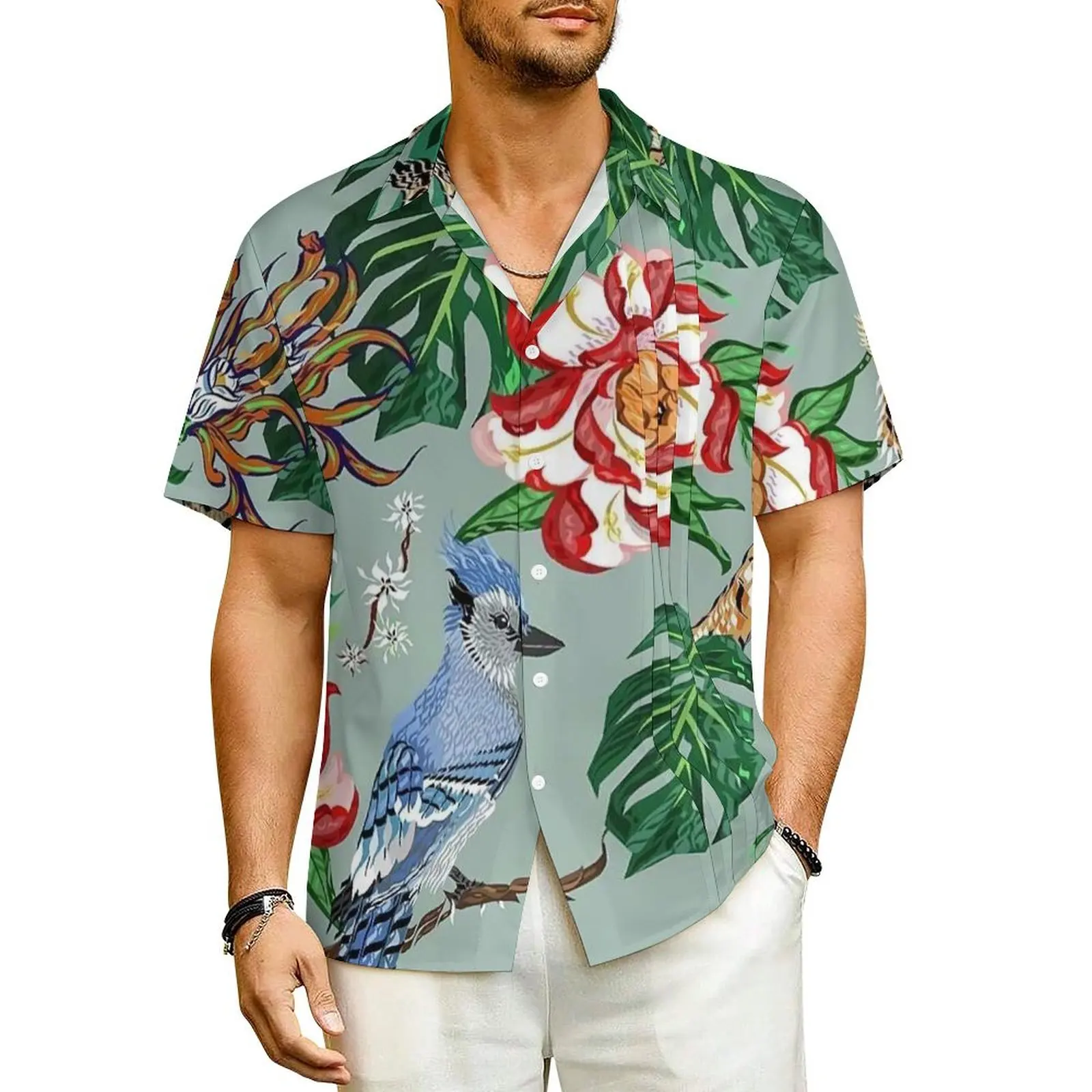 

Wild Tiger Beach Shirt Men Bird Floral Palm Leaf Print Novelty Casual Shirts Summer Short-Sleeve Graphic Oversized Blouses