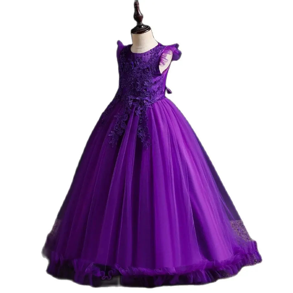 Purple New Girl Flower Elegant Long Dress FOR 4 to 14 years Children\'s Ball Embroidered Princess Dress