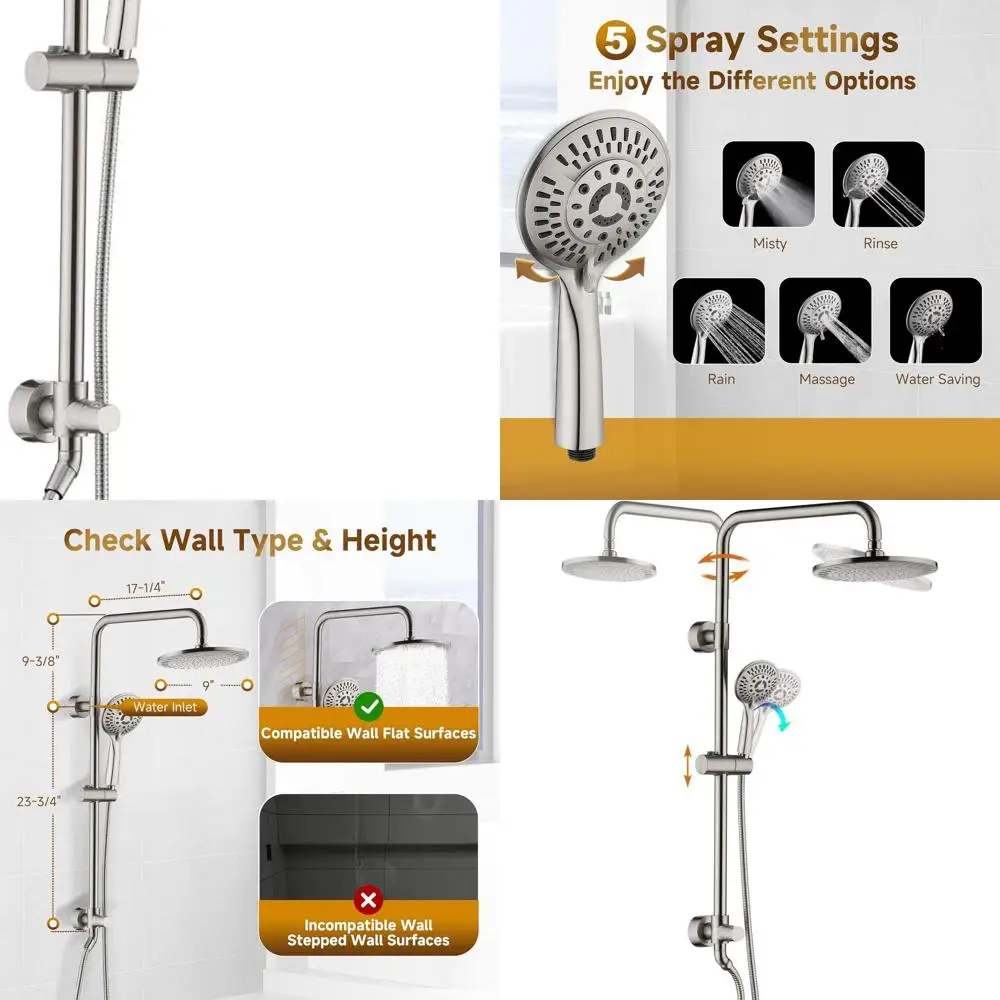 

Adjustable Height Rain Shower System with Rainfall and Handheld Heads, 60 Stainless Steel Hose, Brushed Nickel Finish
