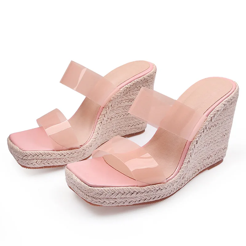 Fashion sandal hak tinggi wanita, sepatu pesta Super tinggi musim panas wanita sepatu Wedges Pink HITAM ukuran Plus 42 D027