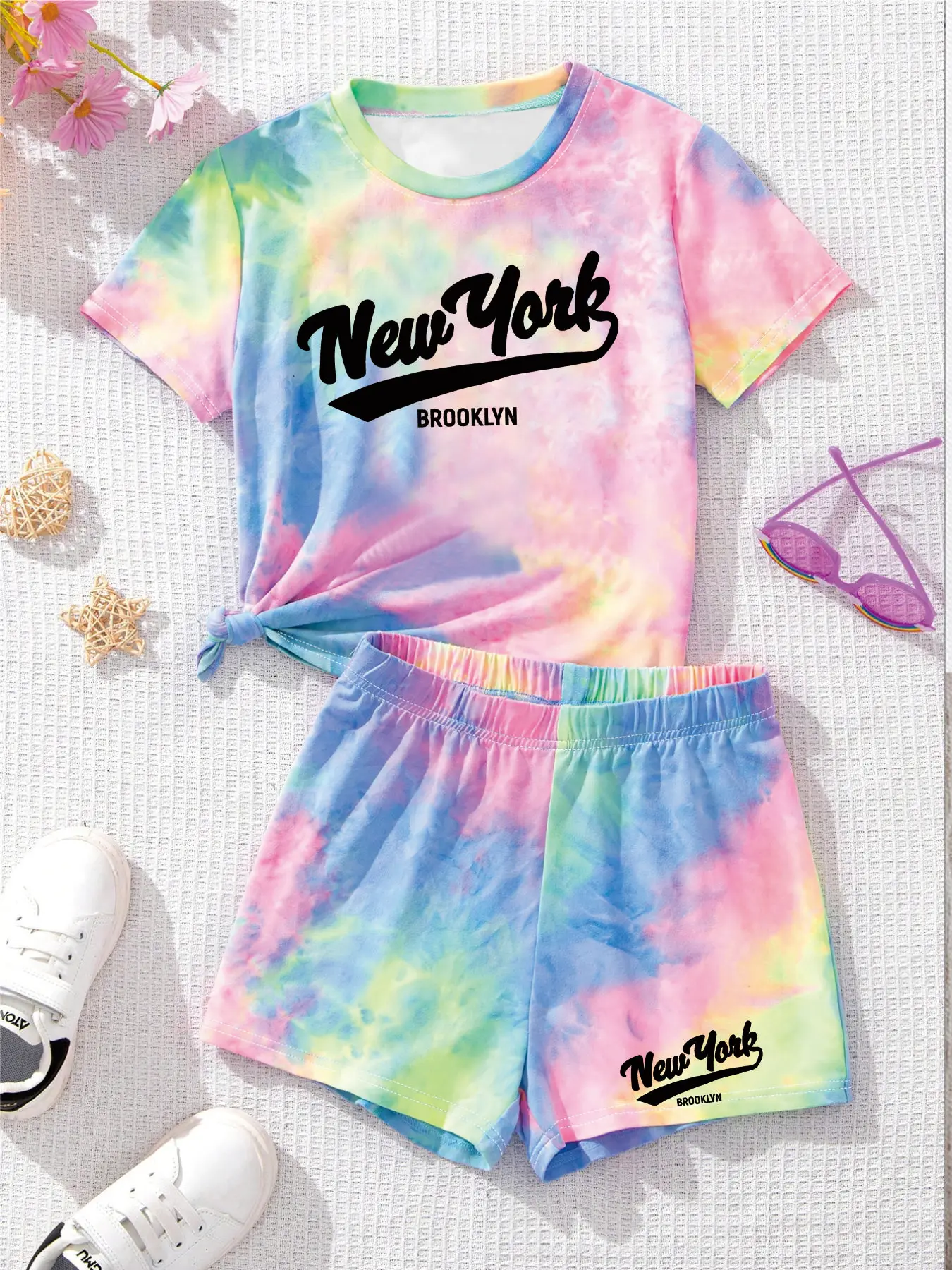Trendy Girls 2Pcs Co-ord, Pastel Tie Dye 