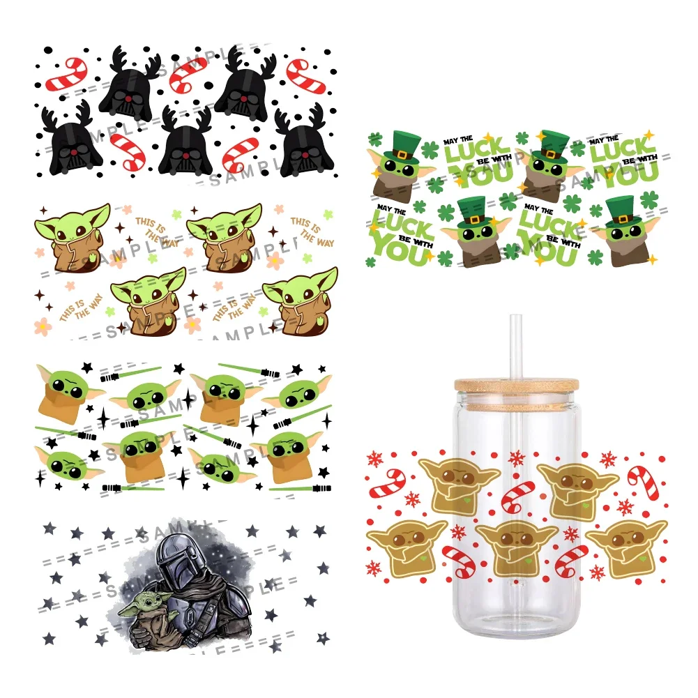 Nieuwe Aankomst Disney Catoon Baby Yoda Patroon Uv Dtf Sticker Waterdichte Transfers Stickers Voor 16Oz Glazen Cup Wrap Stickers