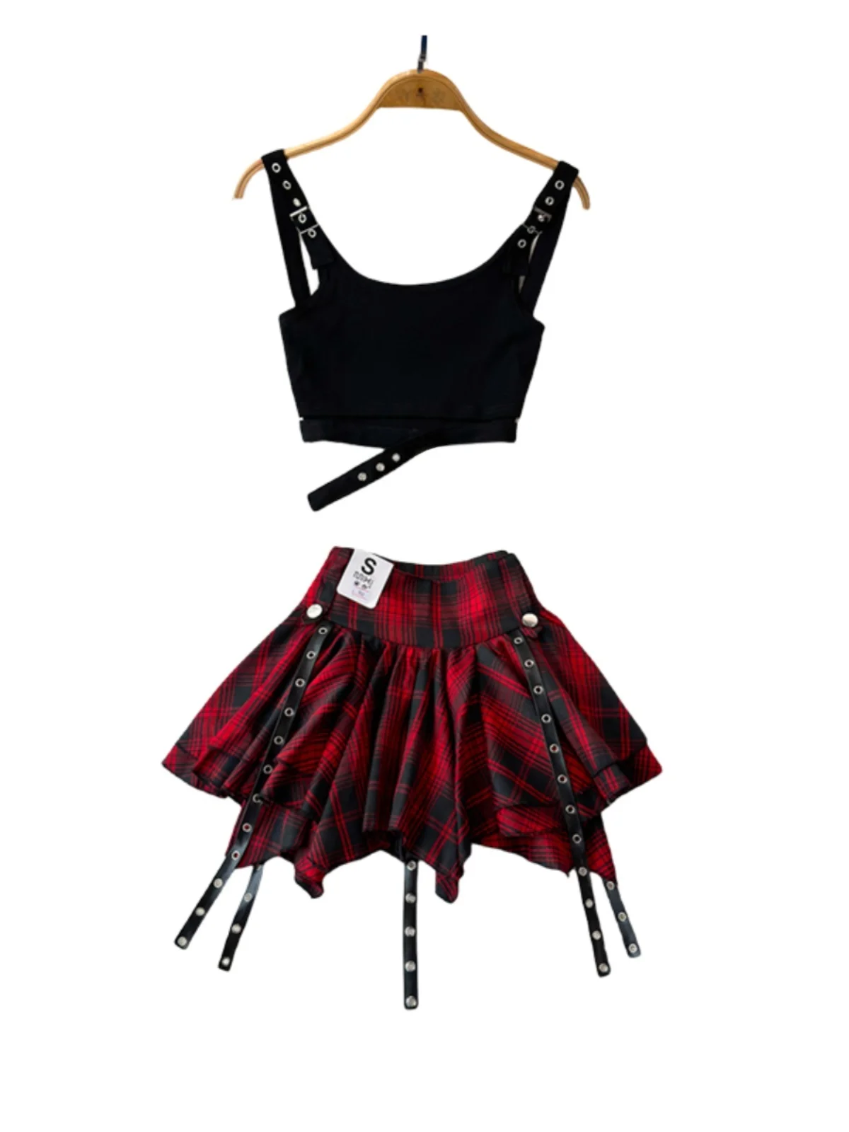 

American Retro Svel Ne Hanging Strap Small Vest + Spicy Red Plaid Anti-Light Puffy Cake Skirt Set Women's Faion