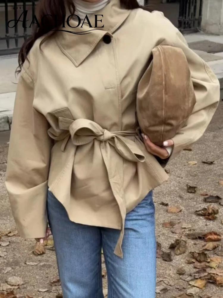 AACHOAE Women's Asymmetric Belted Trench Jacket Casual Button Up Short Coat Minimalist Long Sleeve Windbreaker Outerwear