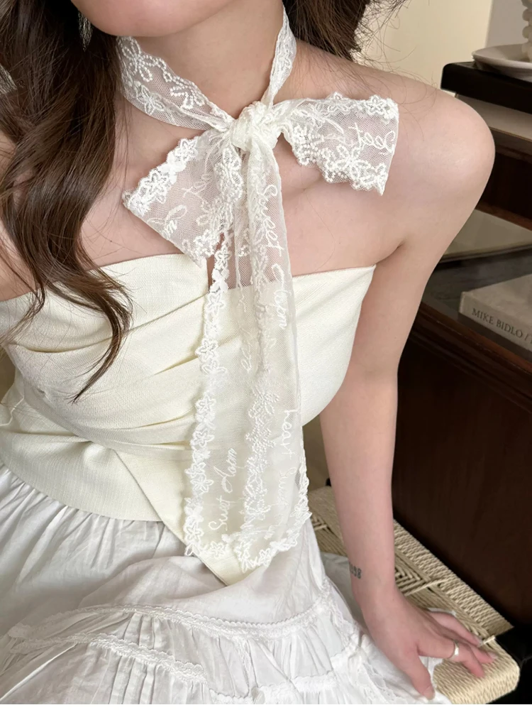 130cm Long Scarf Women Fashion Korean Style Sweet Floral Embroidered Lace Choker Ribbon Transparent Mesh Neck Strap Hair Band