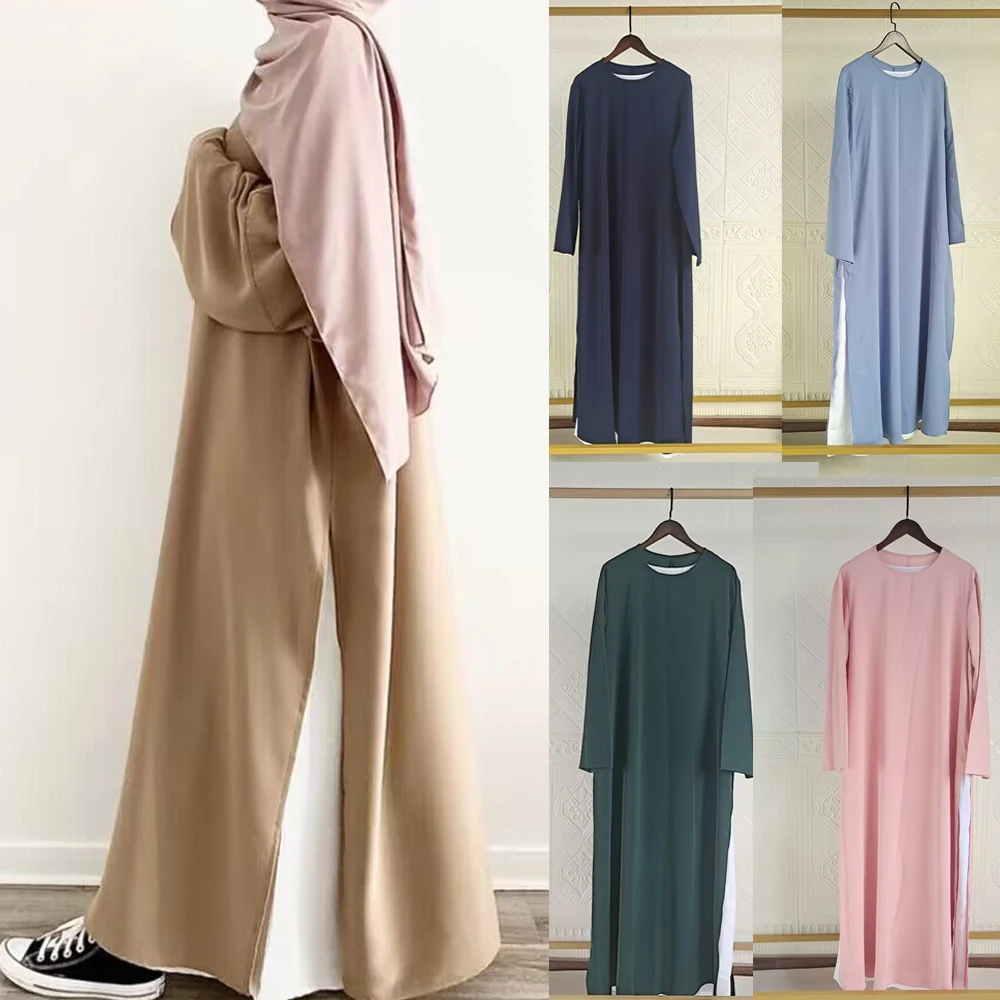 

Abaya Inner Long Dress Solid Color 2 Pieces Set Islam Clothing Muslim Women Casual Dress Dubai Turkey Modest Hijab Robe Ramadan