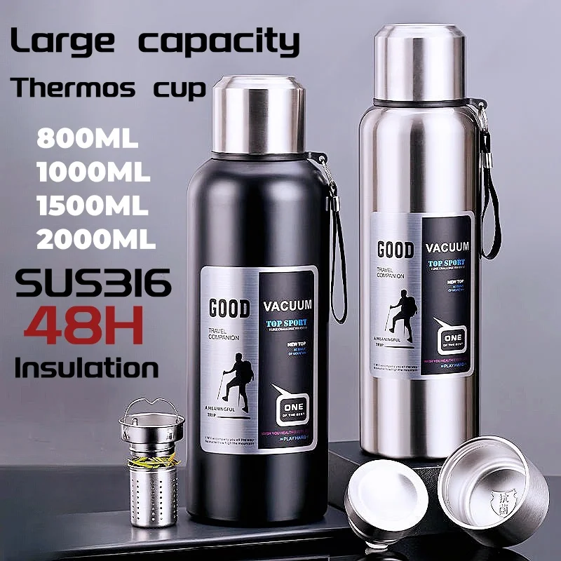 0.8-2L 316 Stainless Steel Water Bottle with Lid Cup Large Capacity Digital Thermos Cup Portable Tumbler Coffee Vacuum Flask