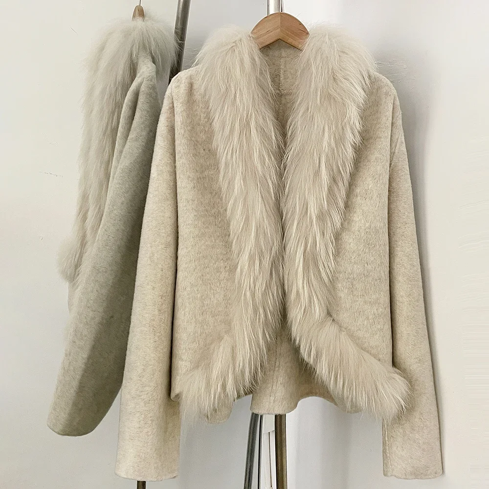 OFTBUY Neue Luxuriöse Winterkleidung Damen Kurzer 100% Wollmantel mit Echtfuchspelzkragen Natürlicher Pelz Wolljacke für Damen – Detail 6