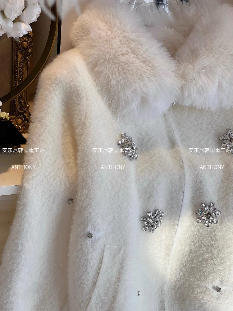 2025 Autumn Winter New Thickened Coats Women's Fashion Long Sleeve Zipper Rhinestone Faux Fur Ladies Long Sleeve Faux Fur Coats
