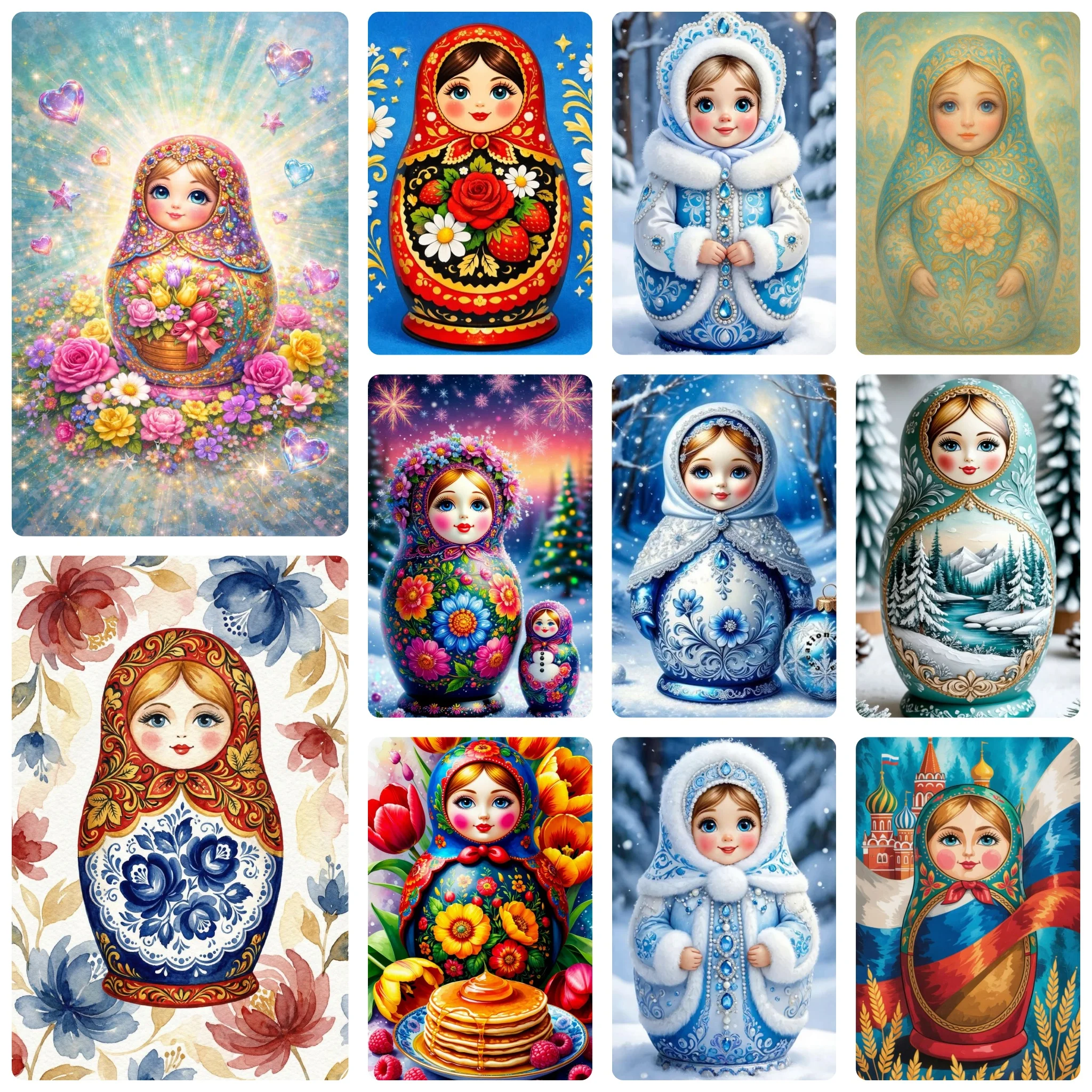 DIY Traditional Matryoshka Doll Diamond Painting, Floral Folk Character Fantasy Art for Wall Decoration Mosaic Handmade Gift