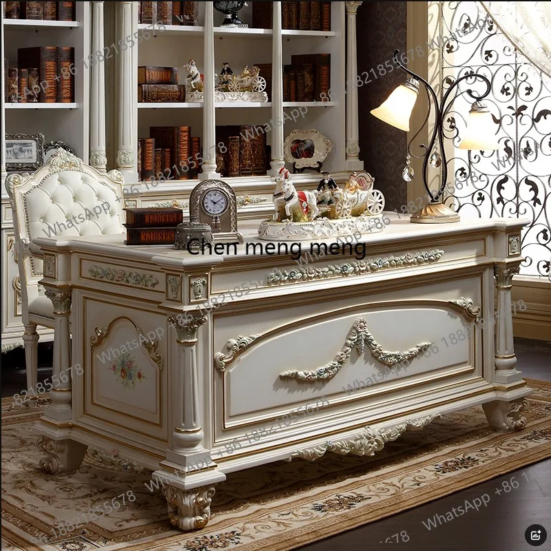 Solid wood, retro desk, study boss table, large carving luxury, computer desk
