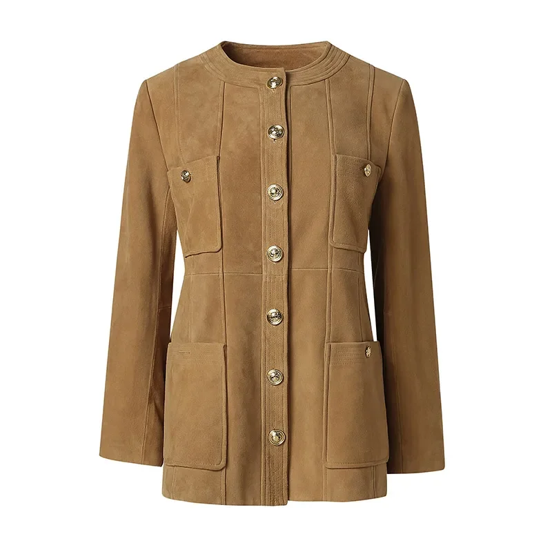 Coupe-vent en cuir suédé pour femme, veste en peau de mouton, manteau imbibé, blazer femme, streetwear, nouveau, 2024