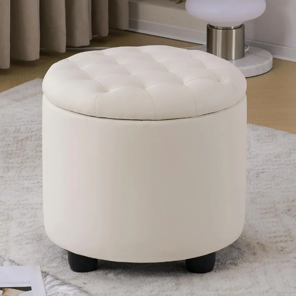 

Fabric button tufted round footstool, PU storage footstool, detachable lid, with dressing table storage space, ivory white