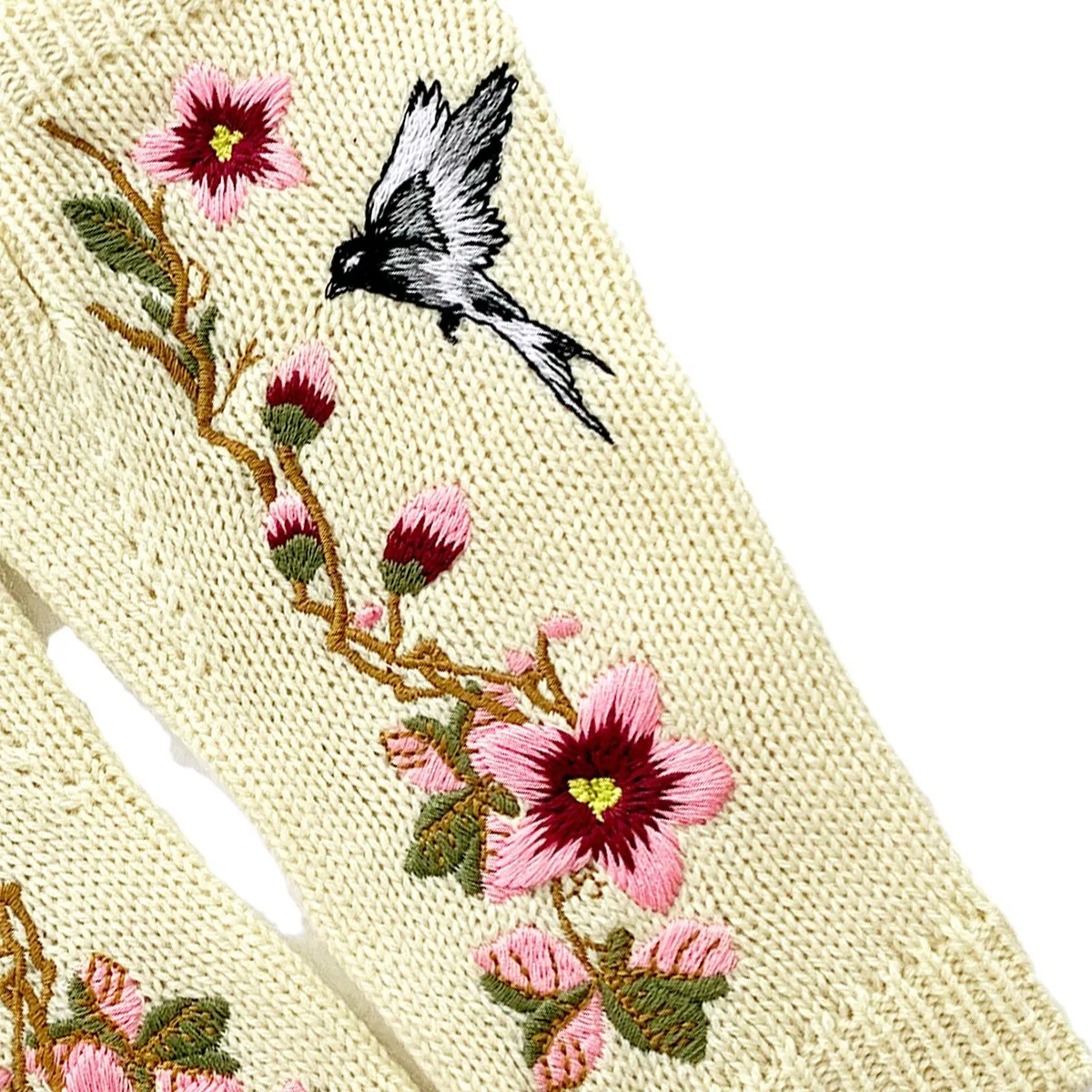 여성용 중국 스타일 자수 작은 제비 니트 모직 장갑, 따뜻한 반 손가락 장갑 장식, 용수철 가을