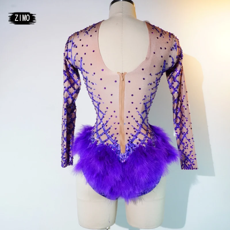 feather purple sexy sparkle rhinestones long sleeve bodysuit pole dance clothing party club performance DS stage leotard costume