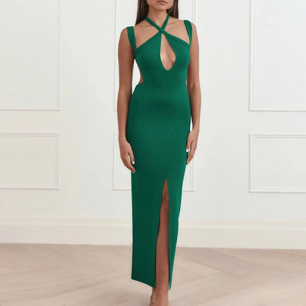 

Green Straight Sleeveless Jersey Halter Tea Length Evening Dress Modern Pleats Saudi Arabia Pure color Special Occasion Gowns