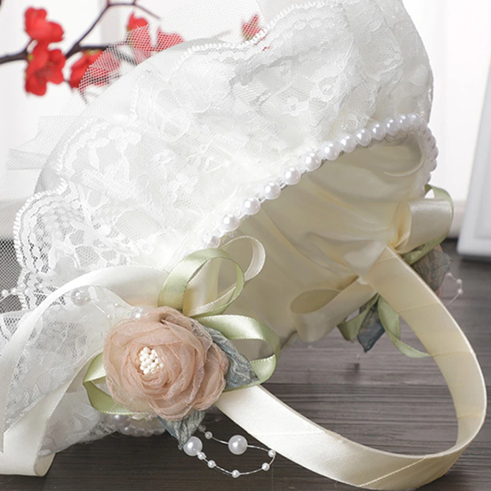 Vintage Lace Flower Girl Basket with Pearls & Satin Ribbon, Ivory Wedding Petal Basket, for Wedding Ceremony & Photo Props image 3