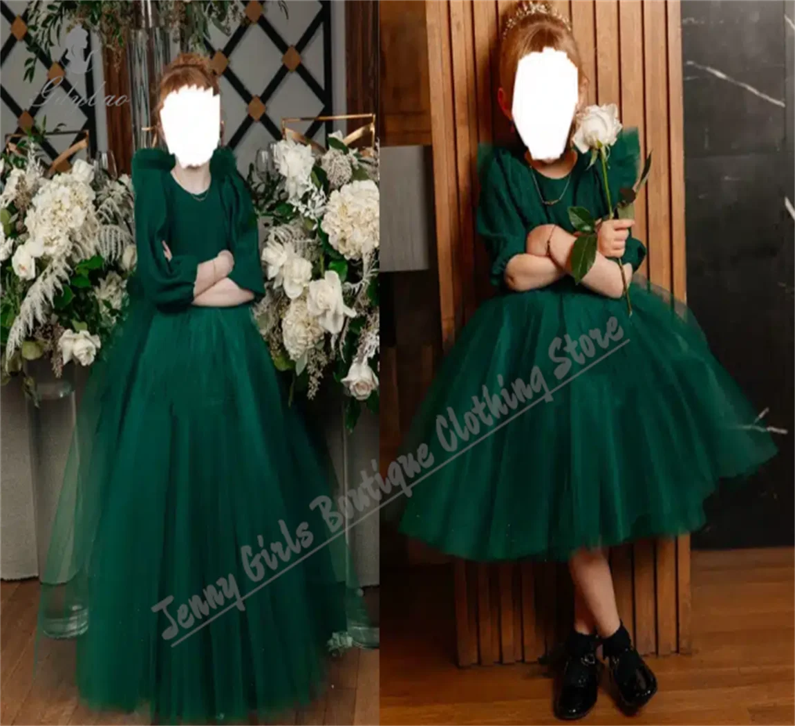 

Emerald Green Flower Girl Dress Wedding Bow Puffy Children's Bridesmaid Birthday Custom First Communion Evening Dressing Gown
