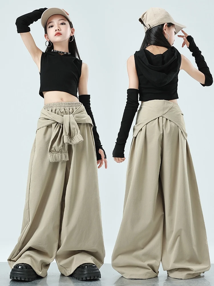 Ropa de baile de Jazz Kpop para niñas, ropa de Hip Hop, Tops negros, pantalones caqui, traje de actuación de concierto, ropa de escenario para niños, BL13257, 2024