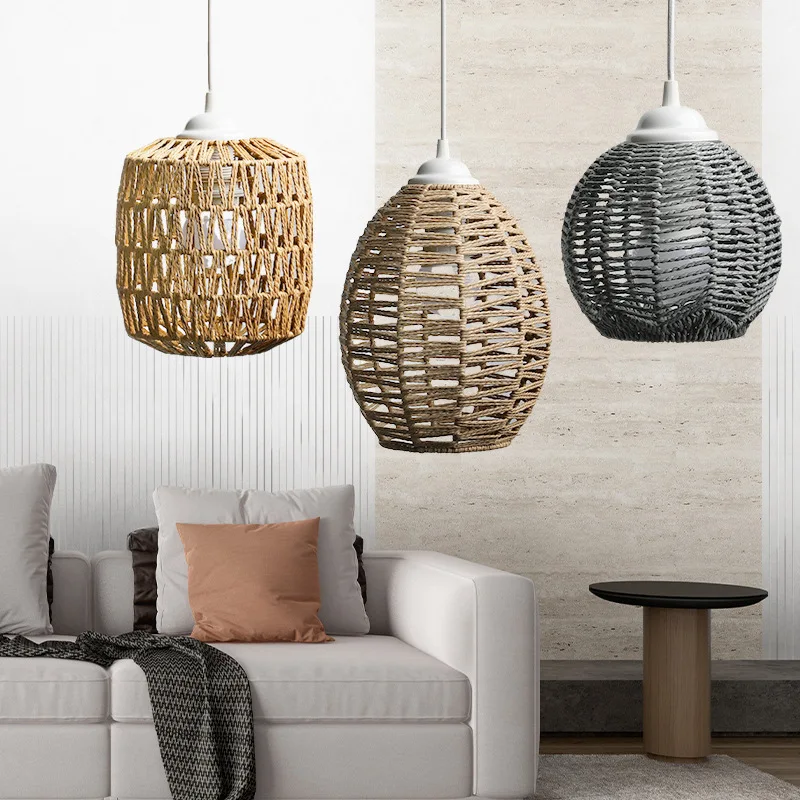 Classical Imitation Hemp Rope Woven Lampshade Geometric Shade Light Cover Chandelier Hanging Wicker Decorative Weave Basket