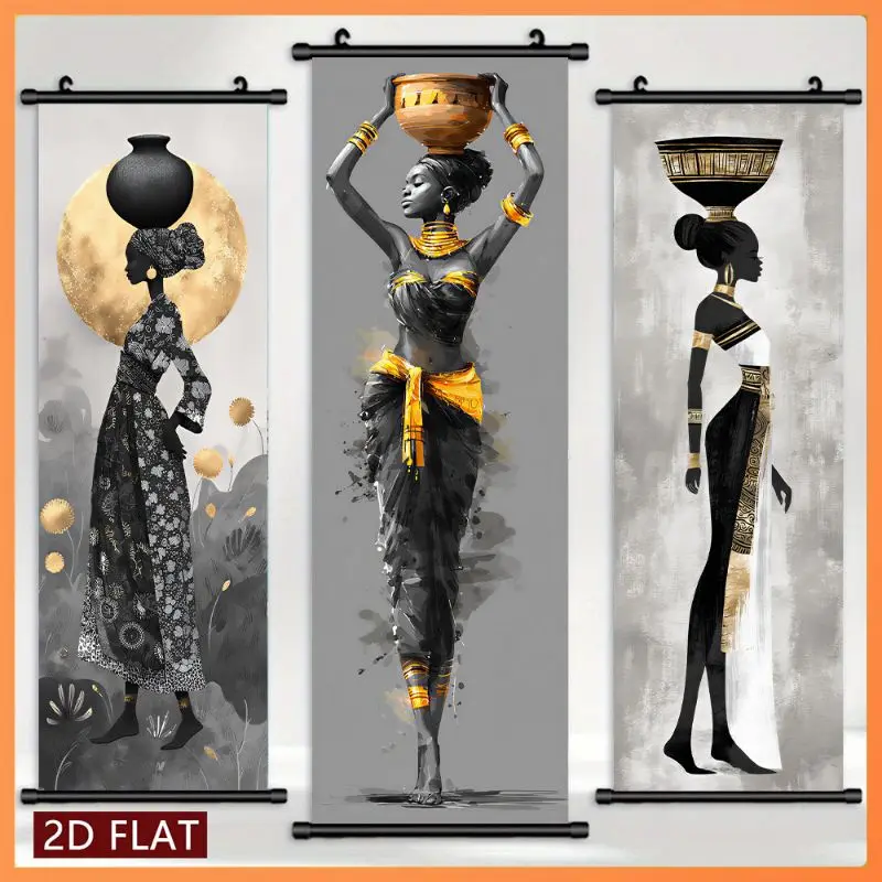 VIKAMA African Woman Pot Wall Tapestry Black Gold Dress Head Vase Portrait Scroll Art Home Decor Modern Style Soft Durable Cozy