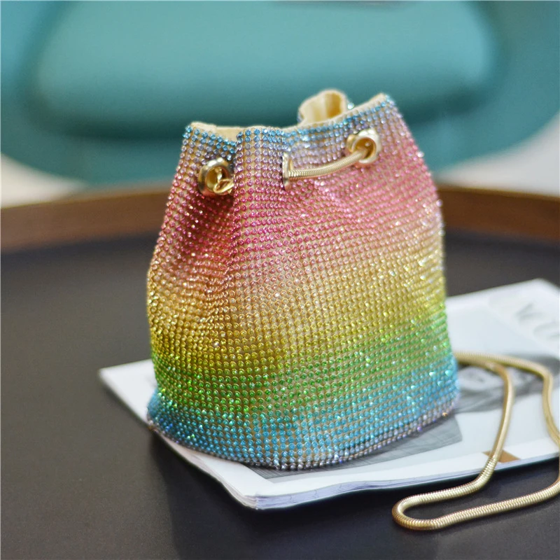 Women Fashion Diamonds Rhinestone Bucket Handbags Retro Chain Ladies Shoulder Bags Trendy Female Shiny Small Crossbody Bags