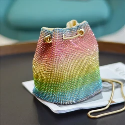 Women Fashion Diamonds Rhinestone Bucket Handbags Retro Chain Ladies Shoulder Bags Trendy Female Shiny Small Crossbody Bags