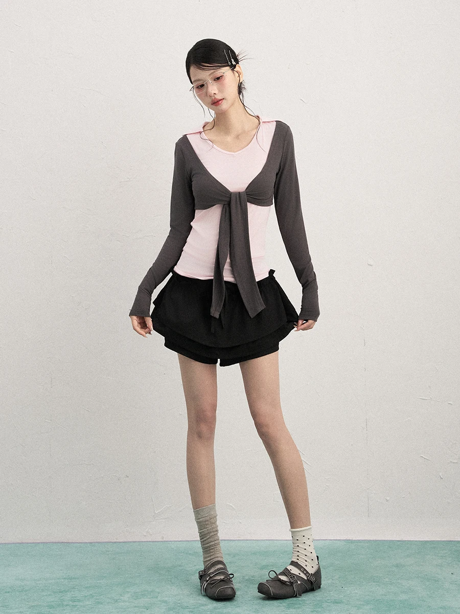 

AXIA Long Sve T-irt Women Summer Fake Two-Piece Overlap Design Casual Loose Sweet And Spicy Sle Korean Version Top