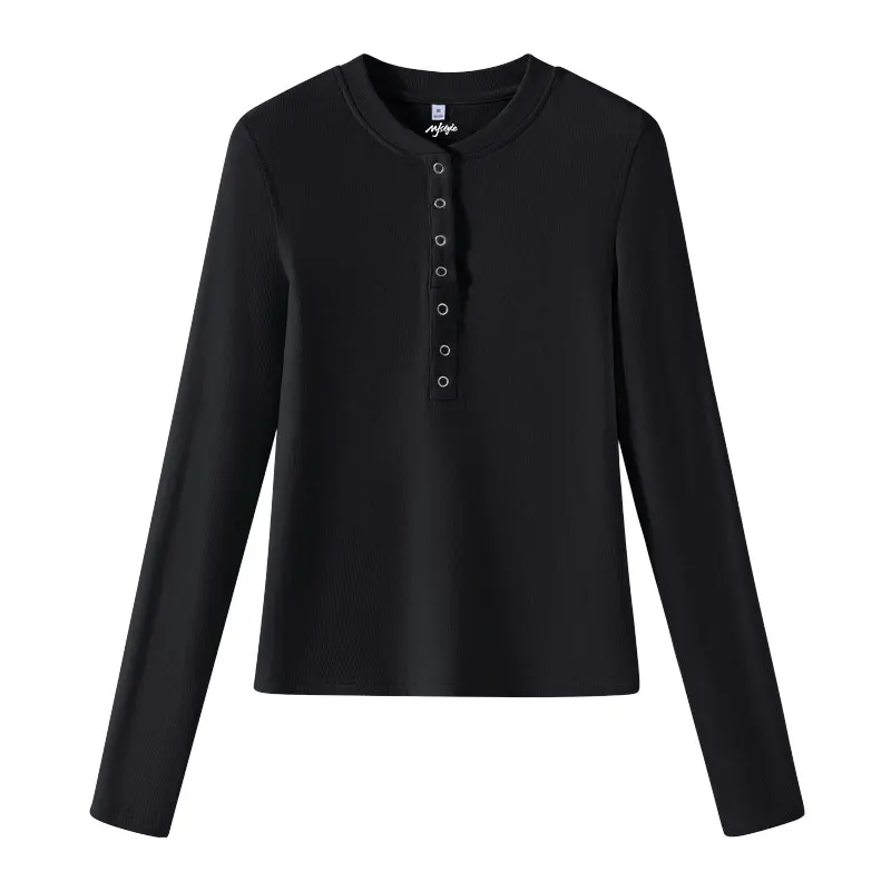 MJstyle Women's Long Sleeve Slim Fit T-shirt Button Placket Half Open Collar Casual Style Cotton Blend Inner Wear Top