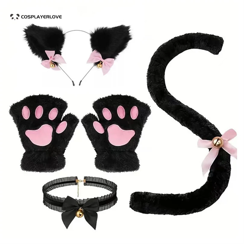 귀여운 고양이 발 장갑, 겨울 만화 소녀 오픈 손가락 장갑, 벨 머리띠, 고양이 귀 모자, 4 개 세트