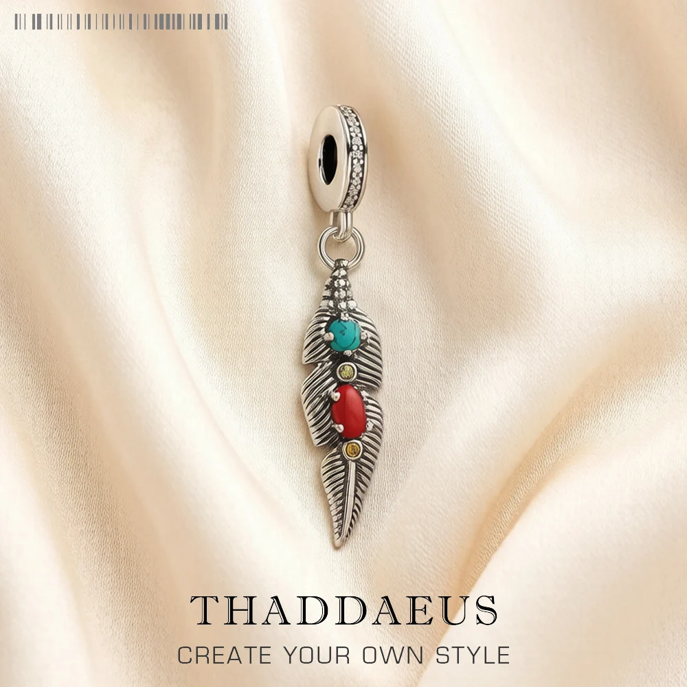 Ethnic Colorful Feather Pendant 925 Sterling Silver Dangle Charm Women Bohemia Fine Jewelry