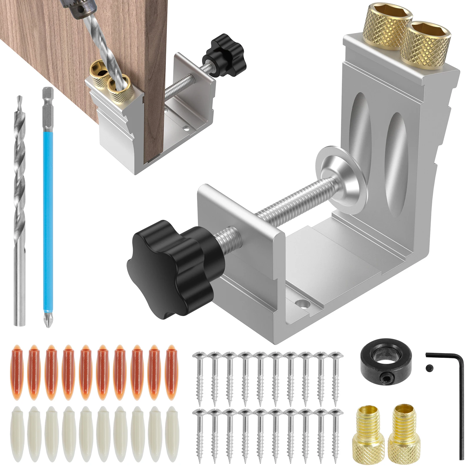 

47Pcs Drill Hole Punch Locator Adjustable Pocket Hole Jig Kit 15 Degree Pocket Hole Guide Tool DIY Woodworking Carpentry Locator