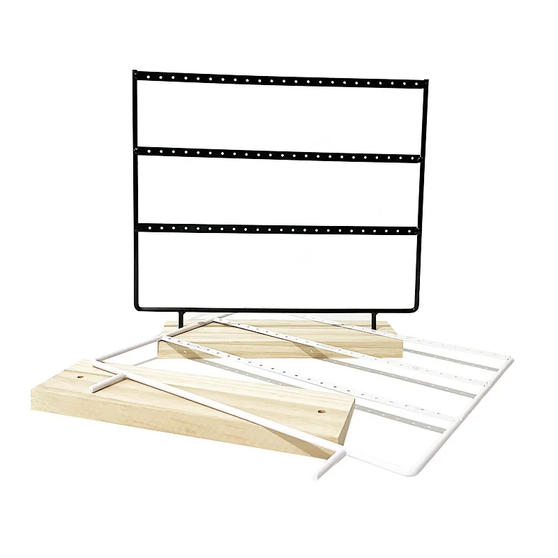 Metal 6 Layers Earring Display Holder Ear Stud Display Rack Wood Base 3-Tiers 69 Holes Jewelry Storage Organizer Stand Reusable