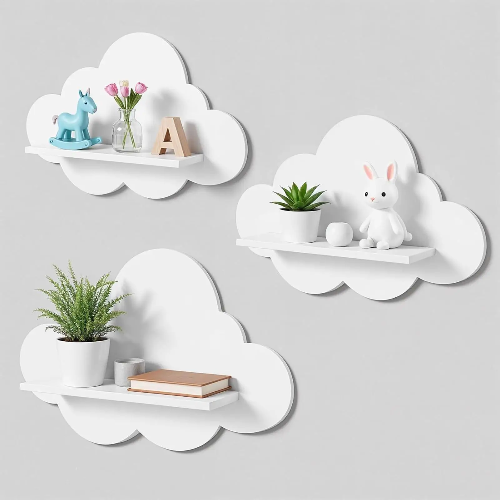 3pcs Cute Floating Shelves Cloud Shaped Bookshelf Cloud-Shaped Modern Wall Shelves For Kid's Room Nursery Kitchen Workplace
