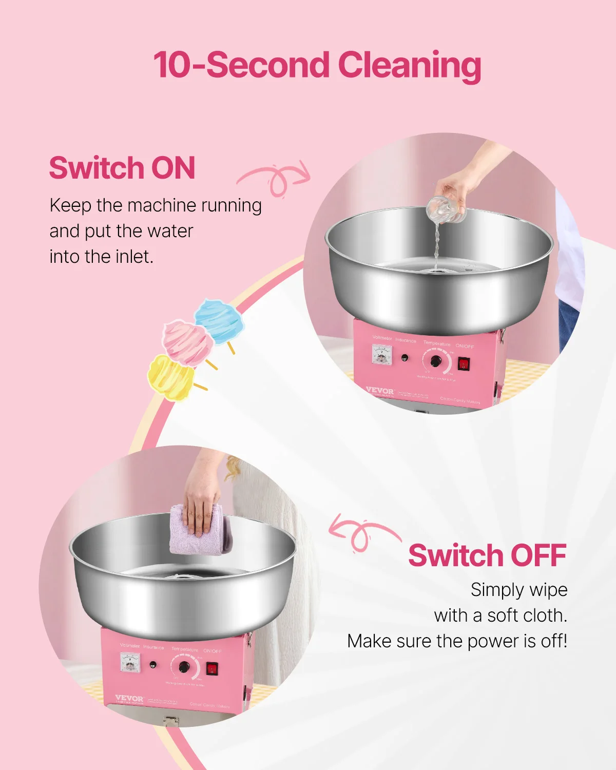 เครื่องทำสายไหมไฟฟ้า SucceBuy สำหรับใช้ในเชิงพาณิชย์ พร้อมโถสแตนเลสขนาด 20.5 นิ้ว และที่ตักน้ำตาลสีชมพู