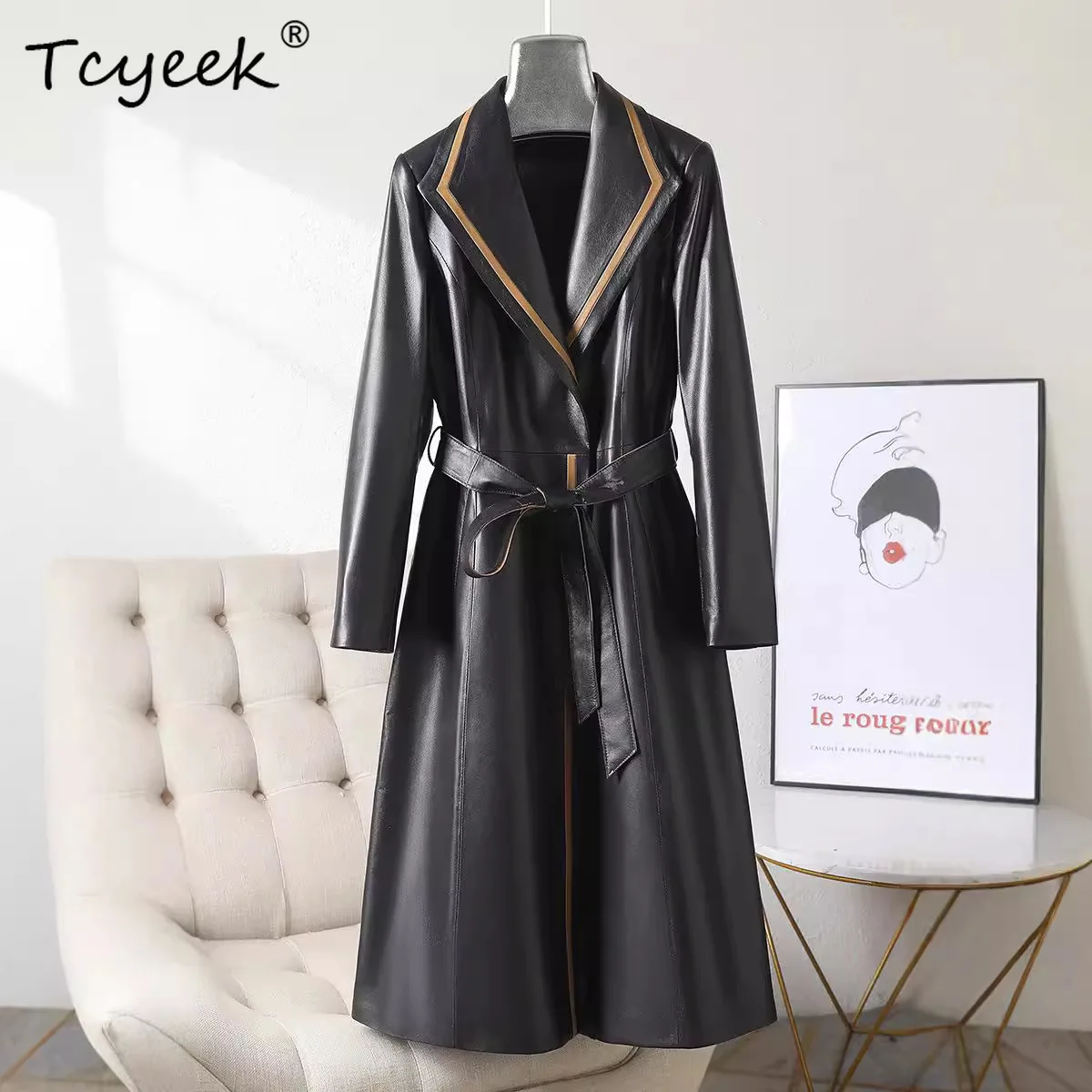Tcyeek Pelle di pecora Primavera Autunno High End Trendy Colletto del vestito Cravatta nera Giacca lunga in vera pelle da donna Жaki Julaiжаusus Куртка