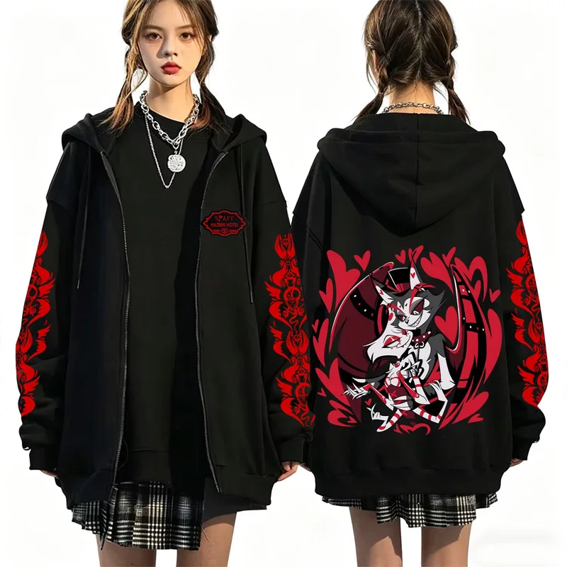 Hazbin Hotel Retro Print Zip Up Hoodie Herbst Winter Streetwear Casual Fashion Harajuku Mantel Fleece Langarm Reißverschluss Sweatshirts – Detail 4